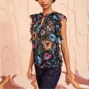 NEW Ulla Johnson Dominique Top Black Iris Floral Print Sheer Silk Blouse Size 6‎